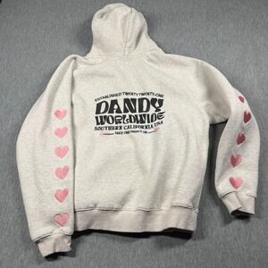 Dandy Worldwide Hoodie Women M Beige Pullover Heart Sleeve Embroidered Graphic